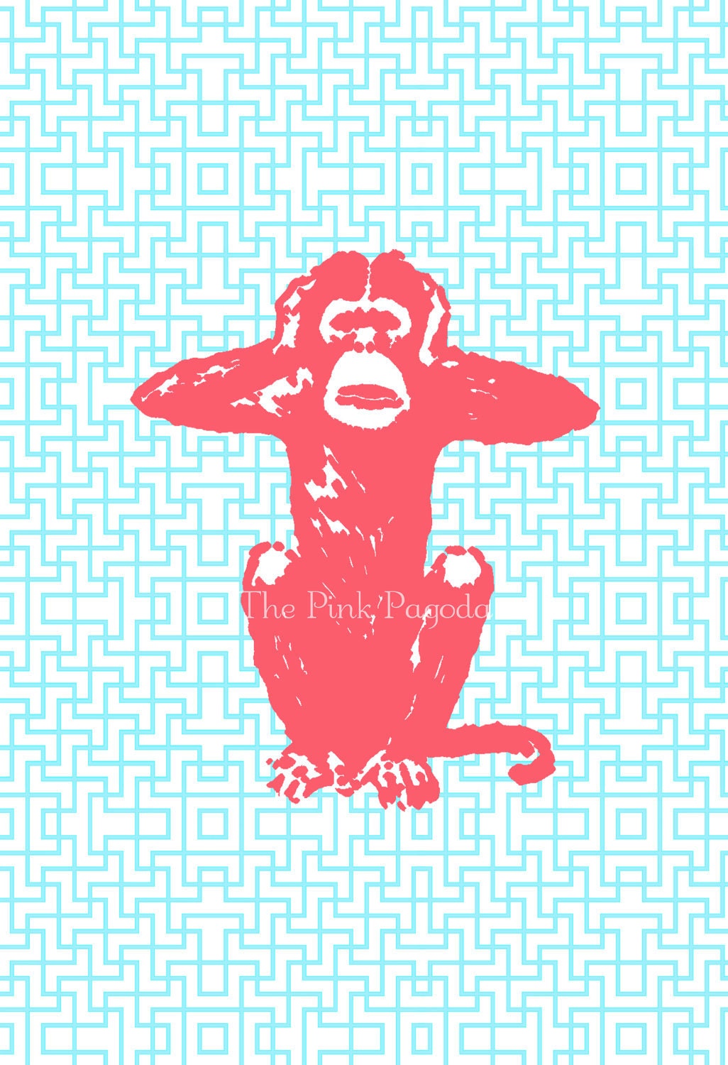 Coral and Turquoise Three Wise Monkeys Set 11x14 Giclee
