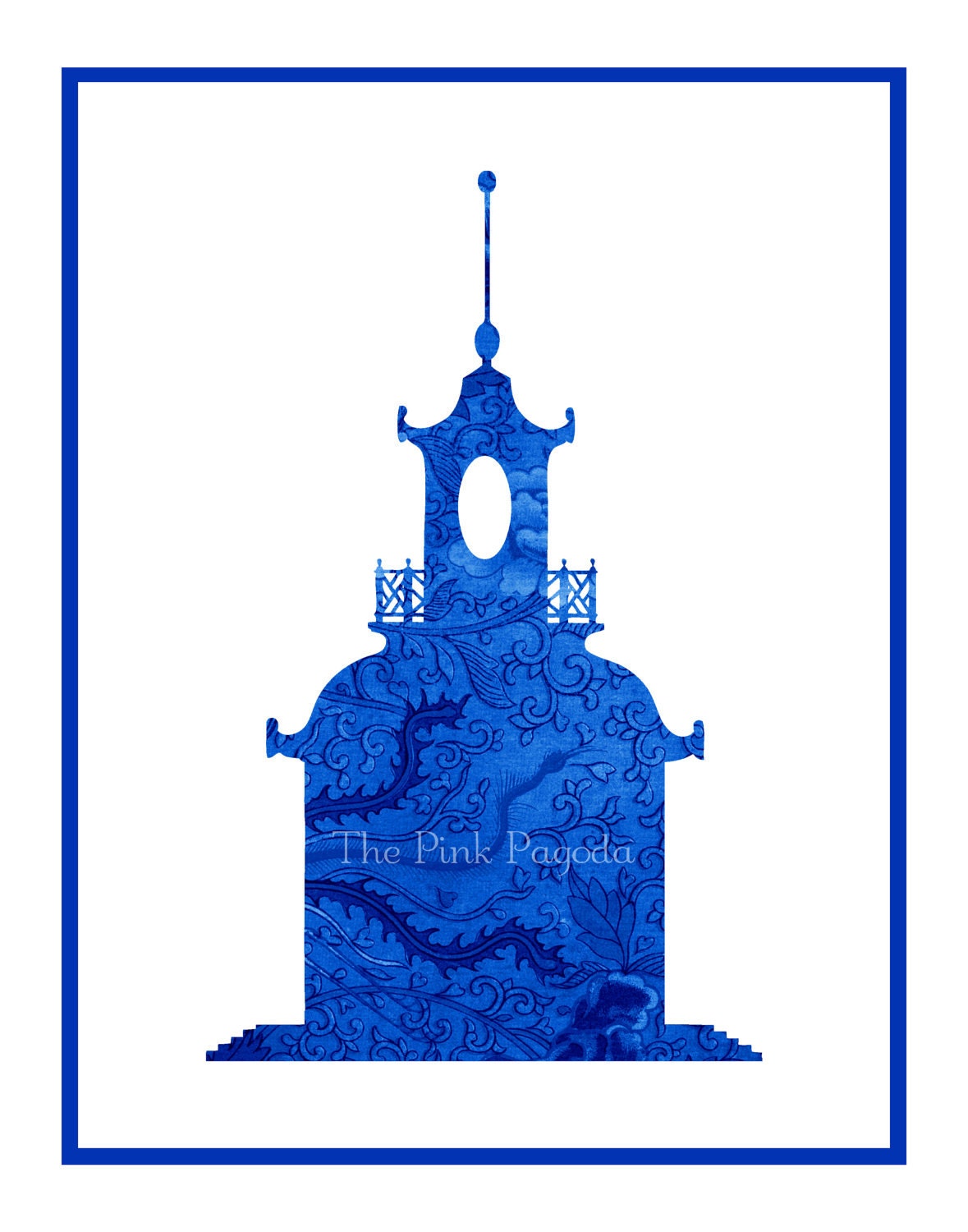 Blue Chinese Floral Pagoda Silhouette Giclee 11x14 - thepinkpagoda