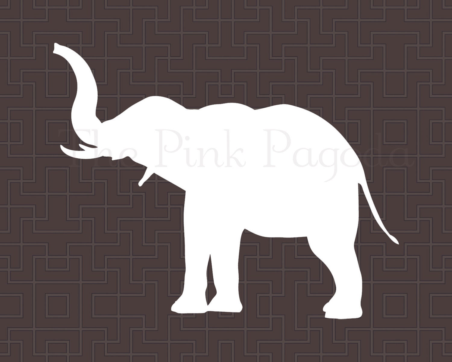 White Elephant on Chocolate Brown Lattice Facing Left Giclee 11x14