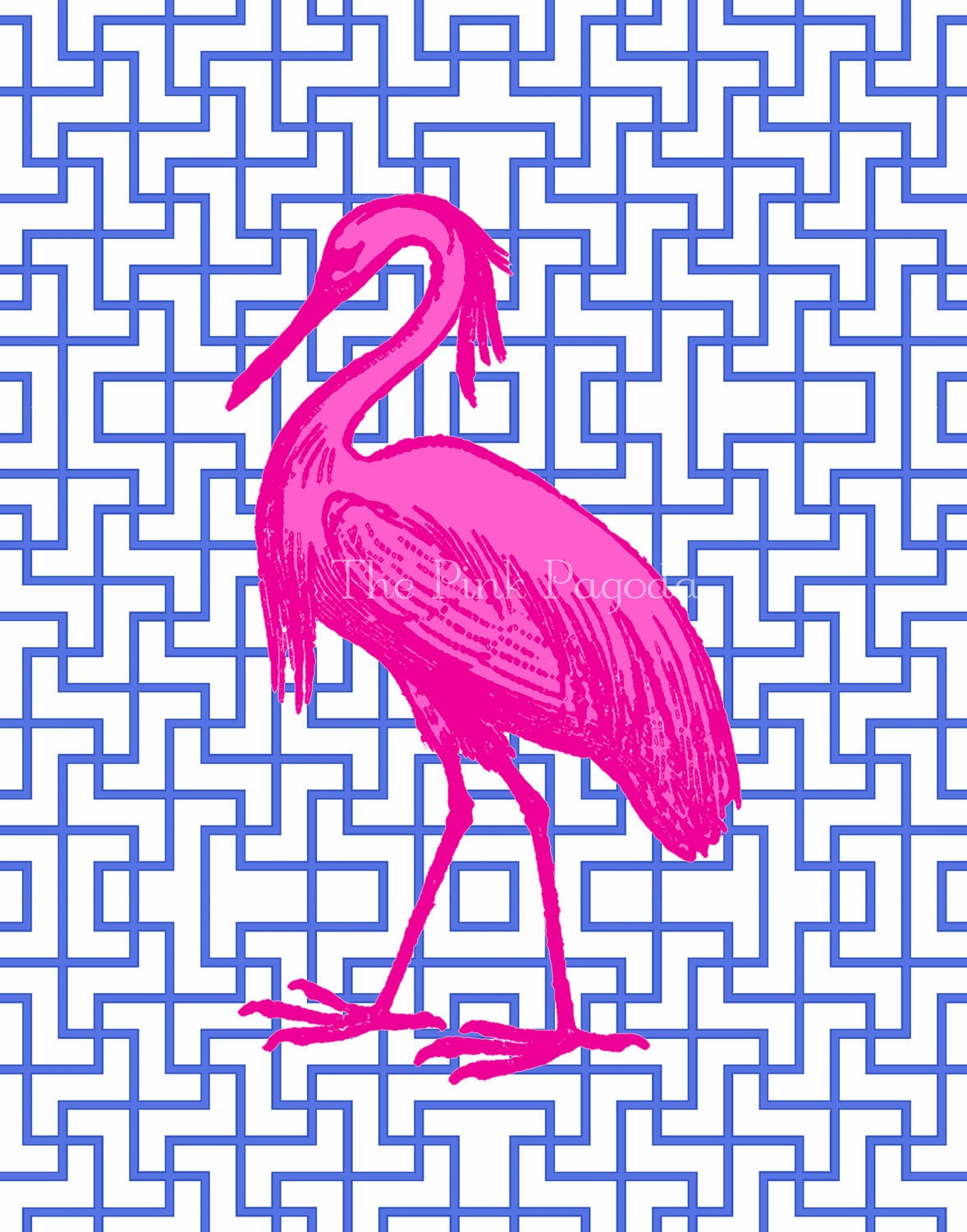 Hot Pink Egret on Navy Facing Left 8x10 Giclee - thepinkpagoda
