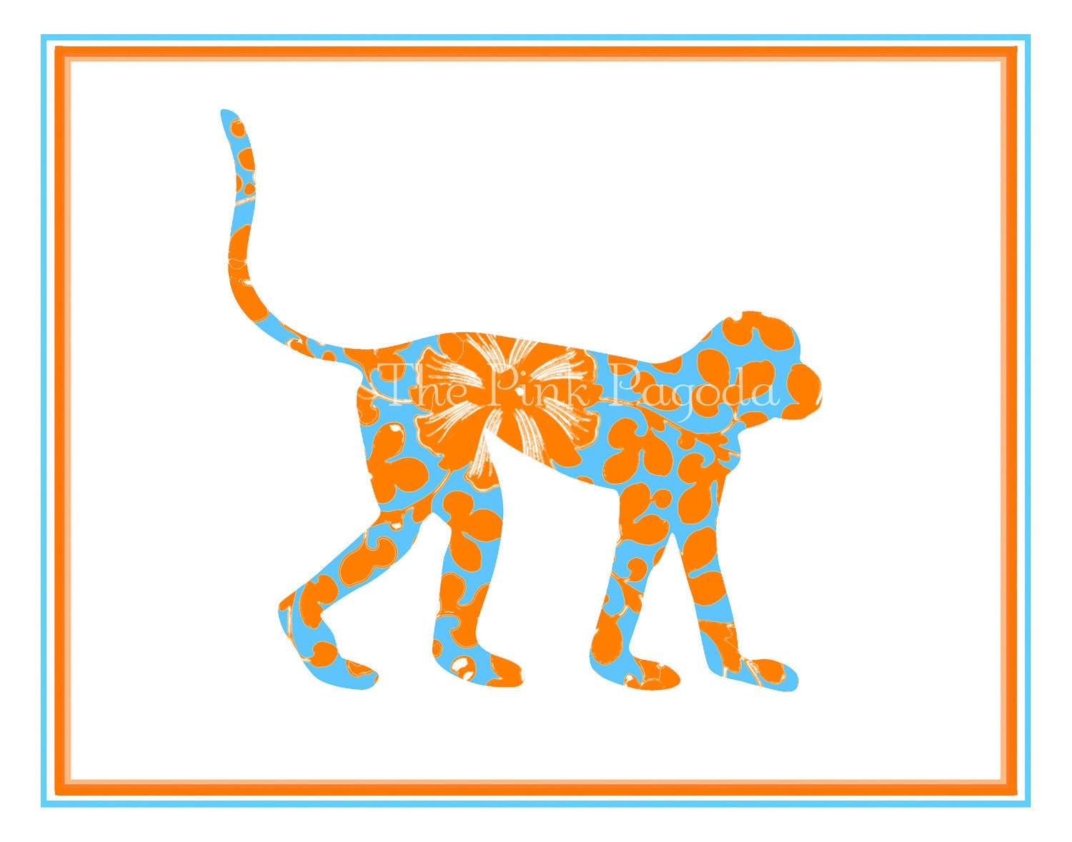 Tangerine Orange and Turquoise Monkey Giclee 11x14