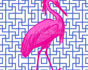 Hot Pink Egret on Navy Facing Right 8x10 Giclee