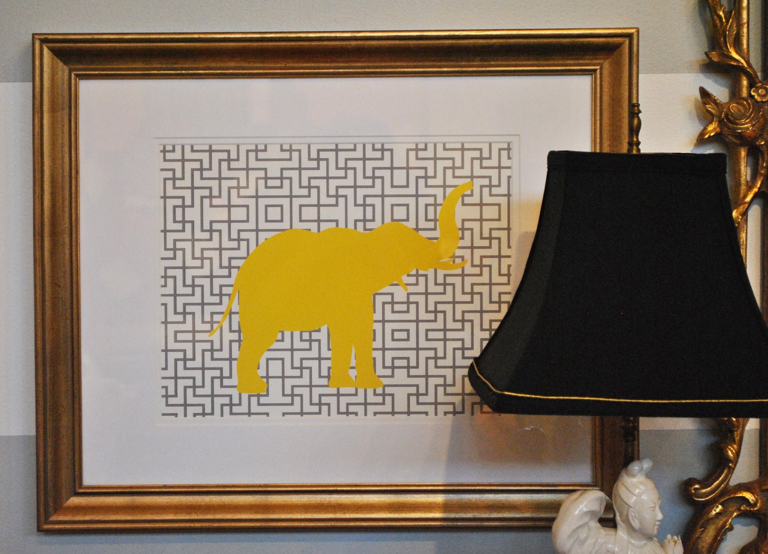 Yellow Elephant Silhouette on Gray Lattice Facing Right Giclee 8x10