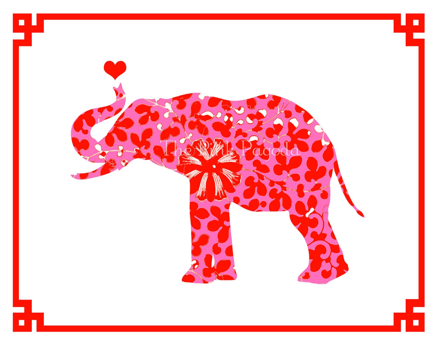 Pink and Red Elephant Love Giclee 8x10