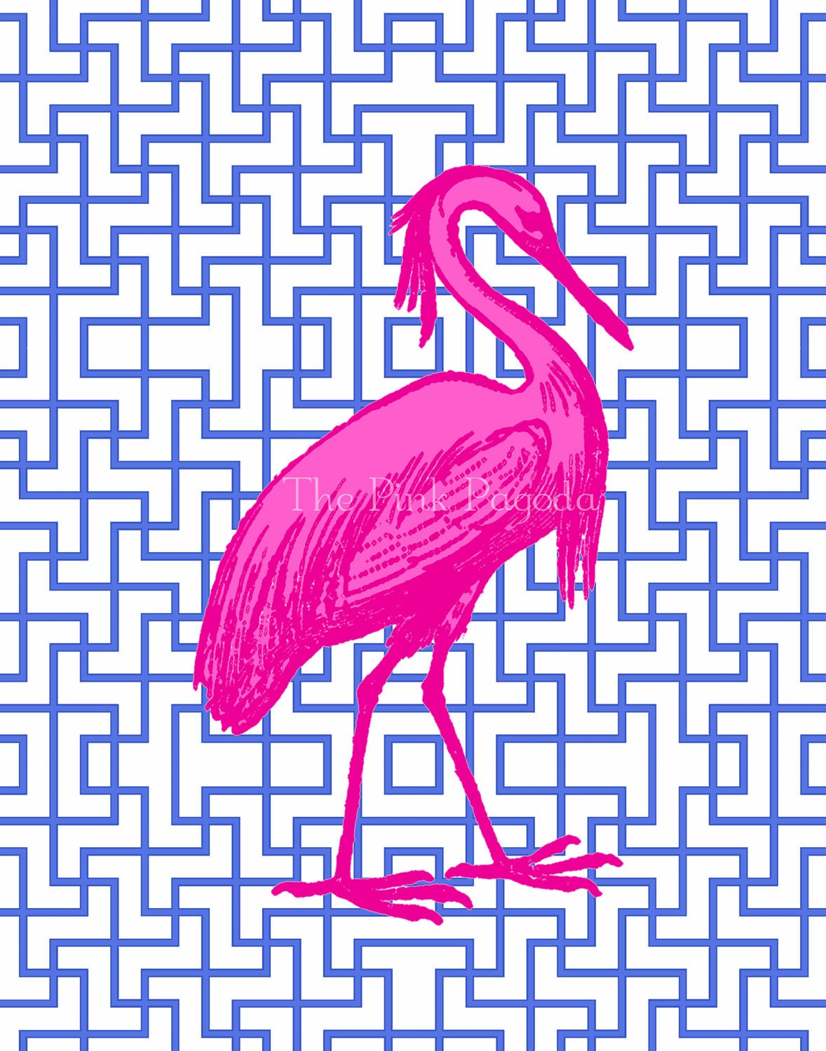 Hot Pink Egret on Navy Facing Right 8x10 Giclee