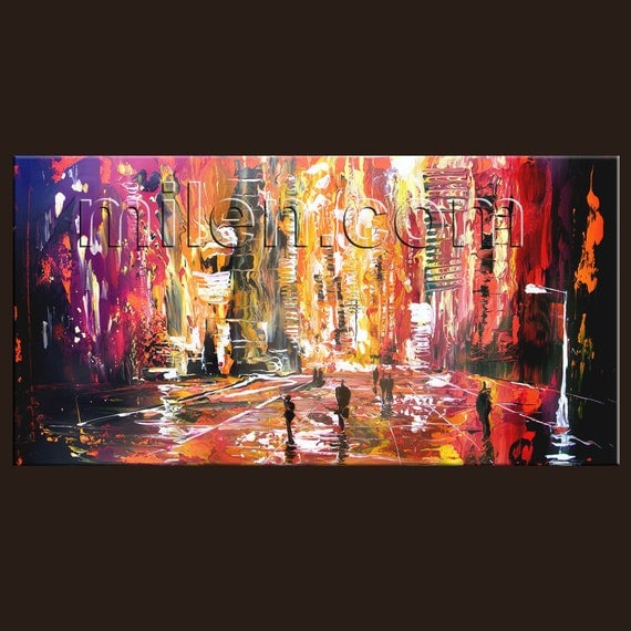 Pink Sunset 45 x 23 PRINT Giclee Original Painting Modern Cityscape Urban Street City Colorful Pink by MILEN