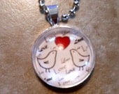 Red Love birds glass domed original art pendant necklace with text