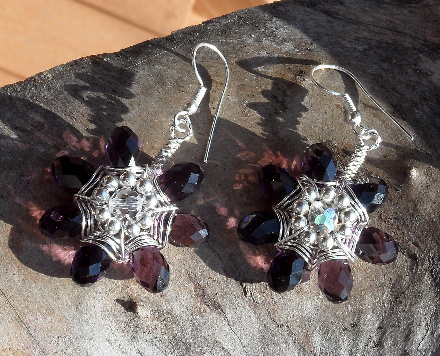 Royal Purple Funky Wire Wrapped Silver Beaded Flower Daisy Elegant Feminine Earrings