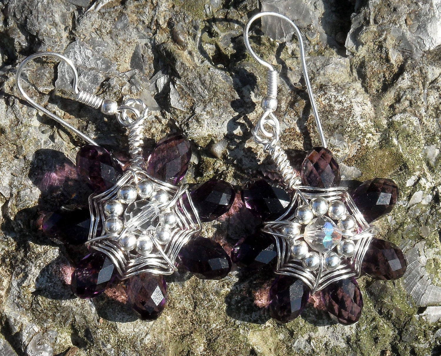 Royal Purple Funky Wire Wrapped Silver Beaded Flower Daisy Elegant Feminine Earrings