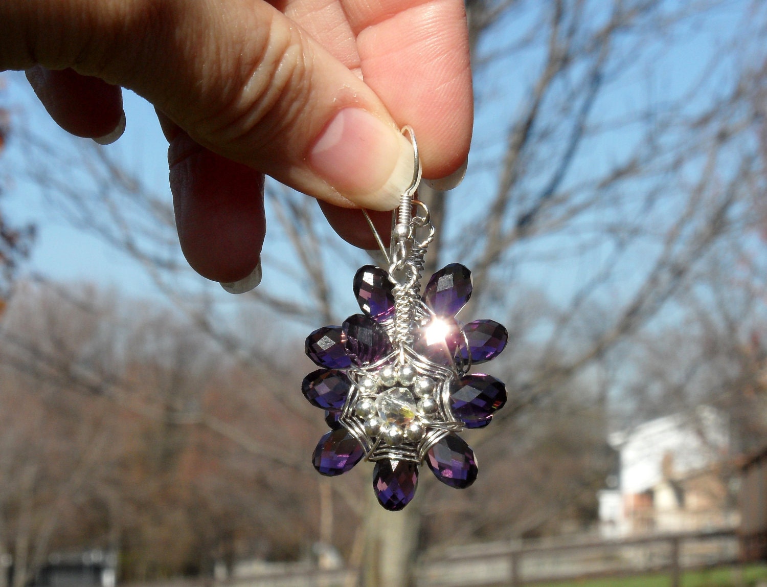 Royal Purple Funky Wire Wrapped Silver Beaded Flower Daisy Elegant Feminine Earrings