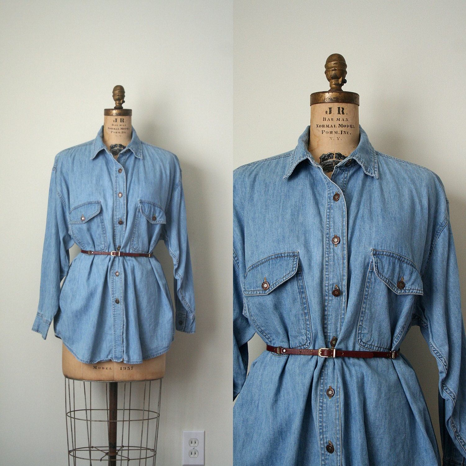 vintage DENIM chambray SHIRT oversize / slouchy FADED soft blue