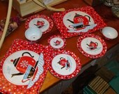 Terrific OHIO ART Tin Litho Vintage Childrens' Dishes - TEAPOT Motif - 8 Pieces - Treasury Item