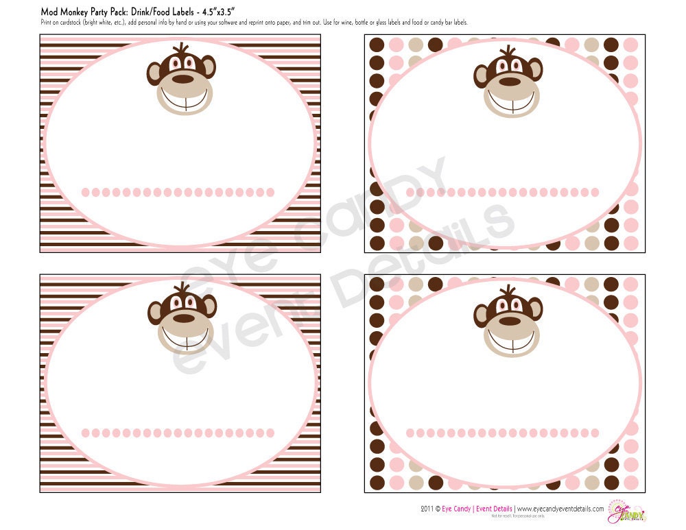 Mod Monkey Baby Girl Shower Customized DIY Printable Party Labels - Signs Il_170x135