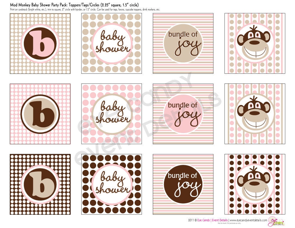 Mod Monkey Baby Girl Baby Shower DIY Printable Toppers - Party Circles Il_170x135