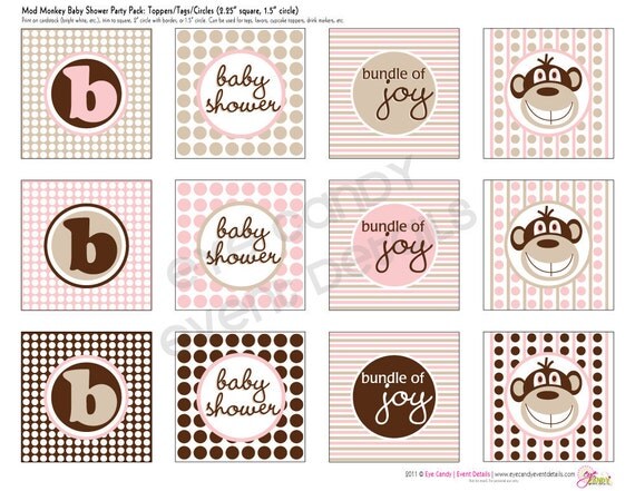 Mod Monkey Baby Girl Baby Shower DIY Printable Toppers - Party Circles Il_570xn