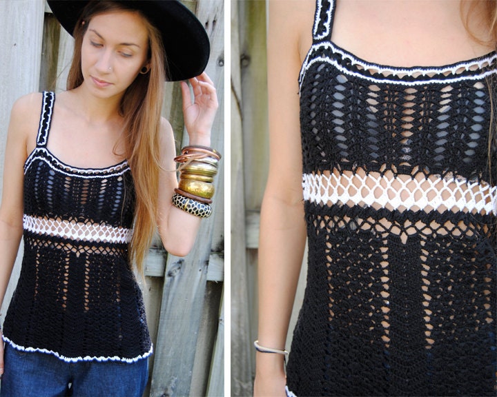 Vintage Hippie Crochet Top / Bohemian Festival Top / Patchwork Crocheted Pullover Shirt / XS / S / Extra Small / Small