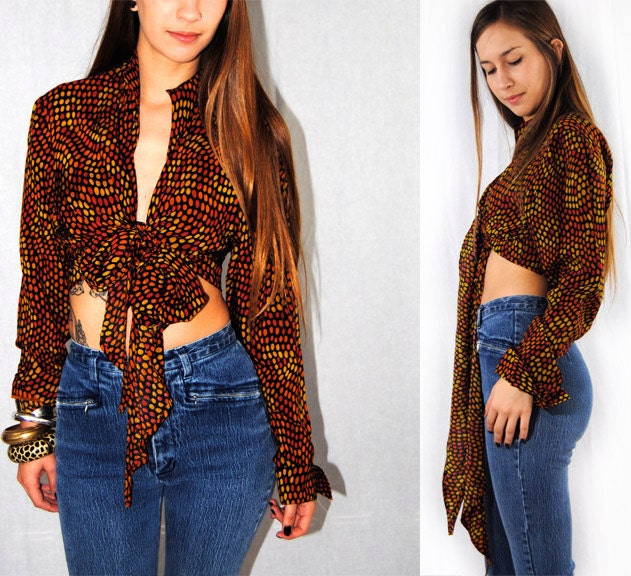 90s tie front blouse / vintage 90s / polka dots xs/s/m/l small / medium / large