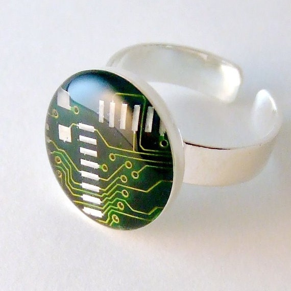 SALE Circuit Board Ring Green, Round Domed