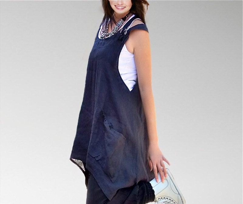 Linen cotton Navy deep blue women dresses/loose cut tunics/plus size/maxi tops/holiday dresses