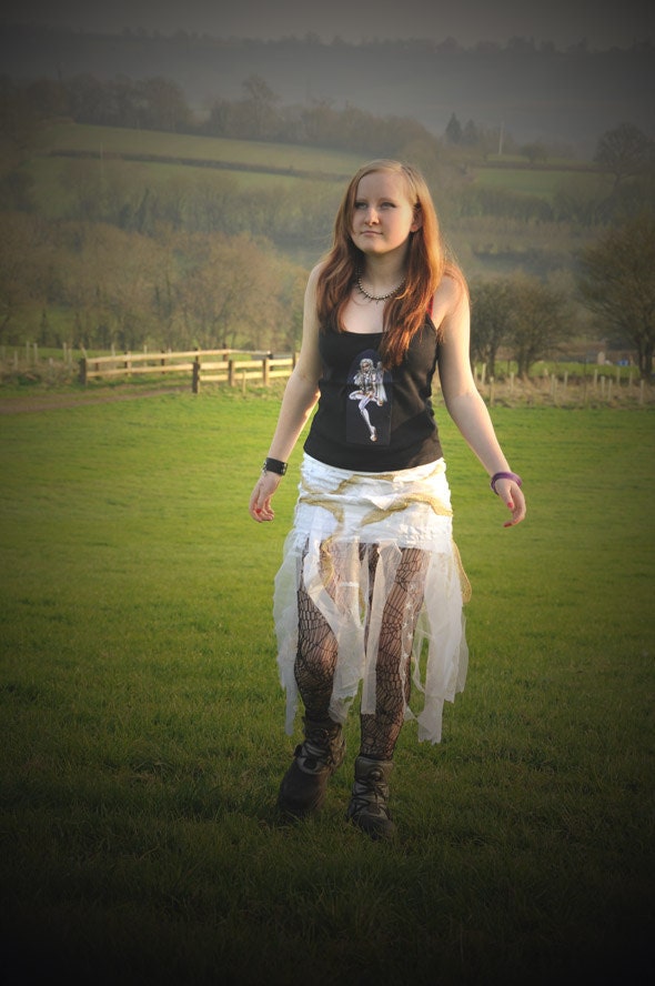 Gothic festival clothing, skirt outfit, white and gold tattered ruffles Size Medium M fairy costume