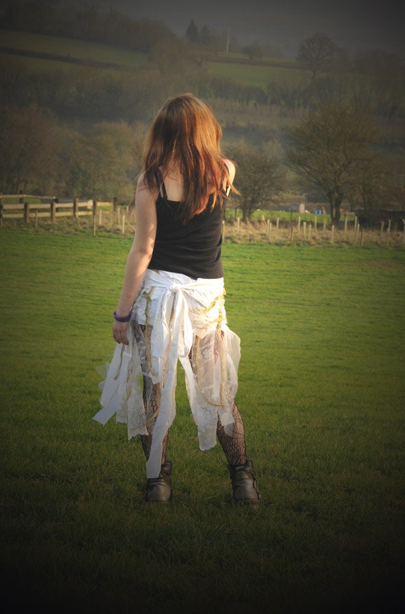 Gothic festival clothing, skirt outfit, white and gold tattered ruffles Size Medium M fairy costume