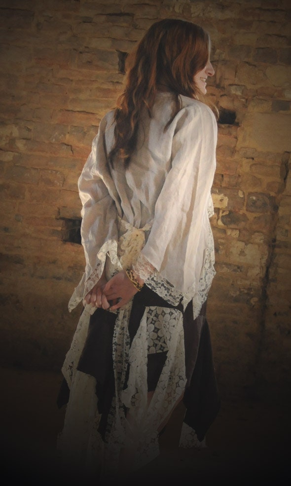 Cropped Steampunk shirt jacket, linen and lace pirate costume top Size Medium UK 12 -14 US 8 - 10 Romantic tatters