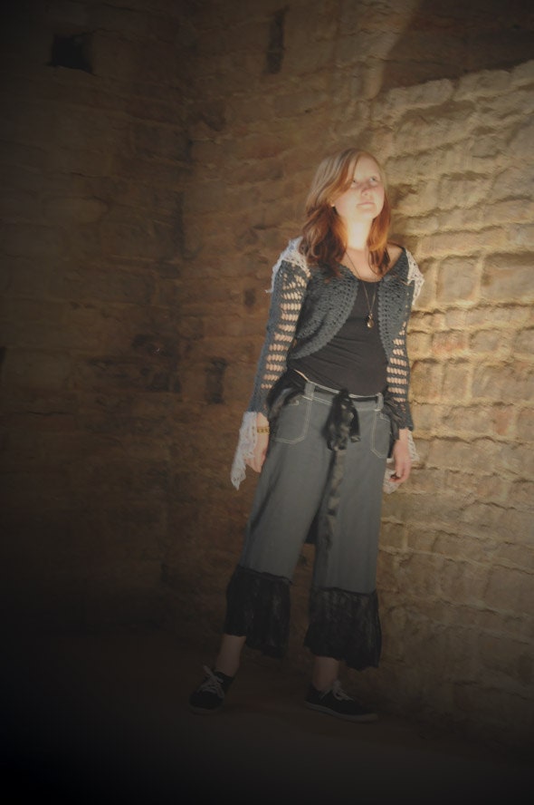 Steampunk pirate top, Crochet Boho Cardigan Size Small UK 10, US 6 black & white with vintage lace bustle