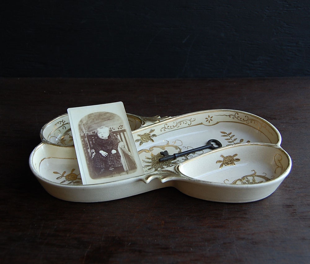 Divided Buttercream Vanity Dish Tray- Vintage Ceramic