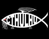 Cthulhu fish White vinyl decal (jesus fish parody) 3"x6.5"