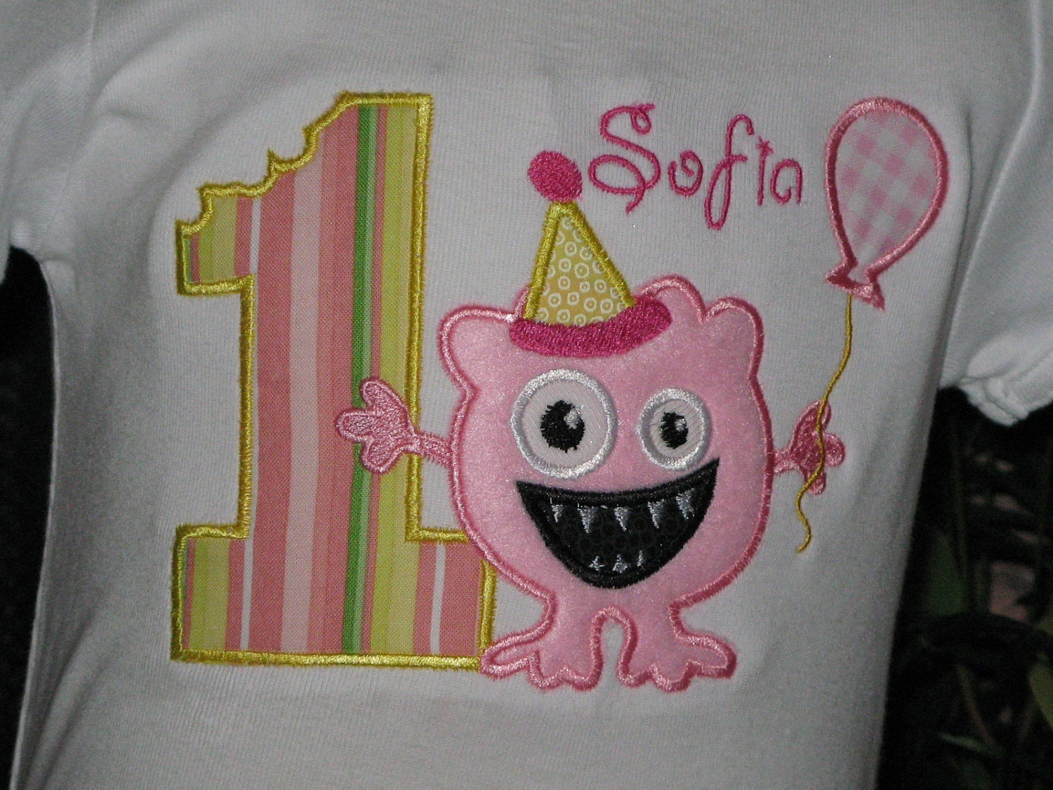 Pink Girly Monster Birthday T Shirt with Free Personalization and Number Age with Balloons