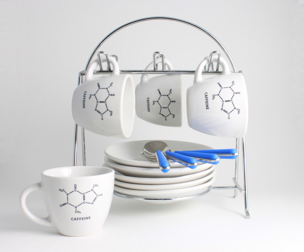 Espresso Cups Set of 4 with Saucers, Black and White Caffeine Molecule