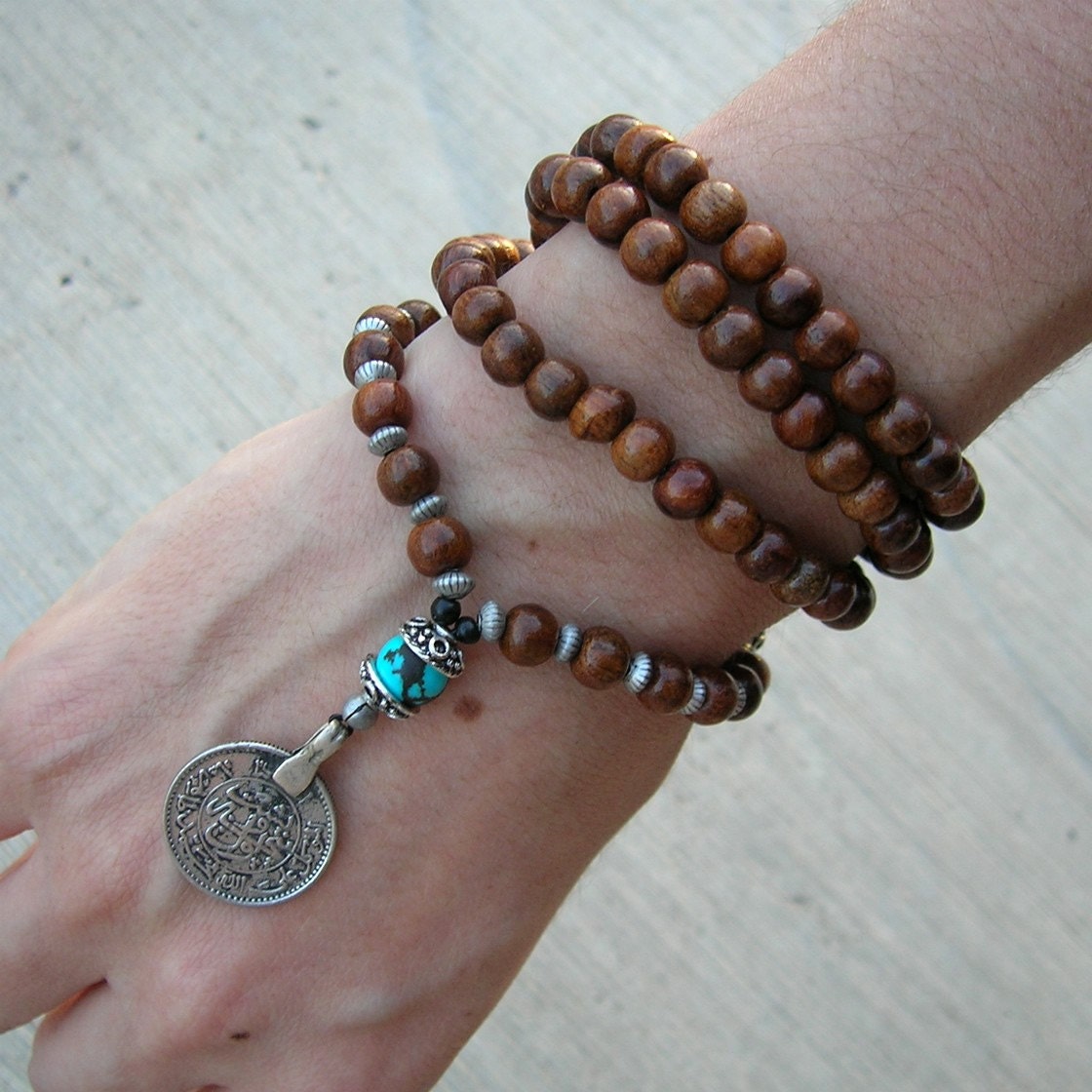 108 mala wood prayer beads and genuine Turquoise gemstone wrap bracelet or necklace, convertible