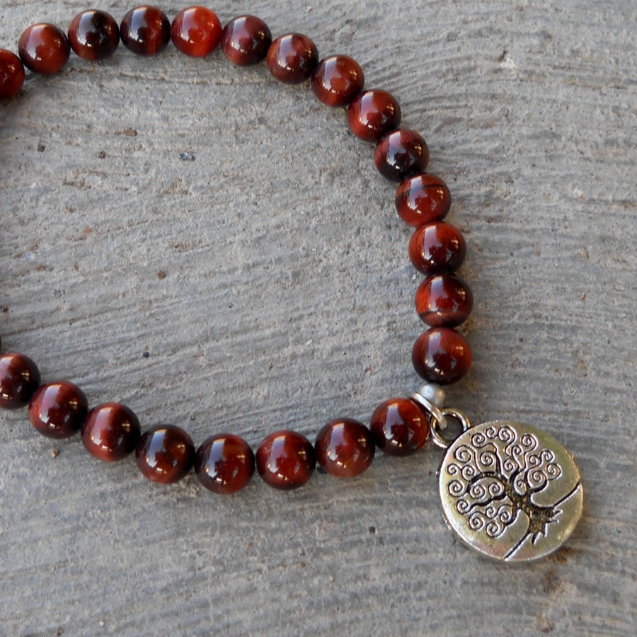 Tree of life - Genuine red Tiger's eye gemstone mala bracelet