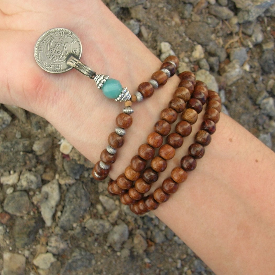 108 mala wood prayer beads and amazonite gemstone wrap bracelet or necklace, convertible