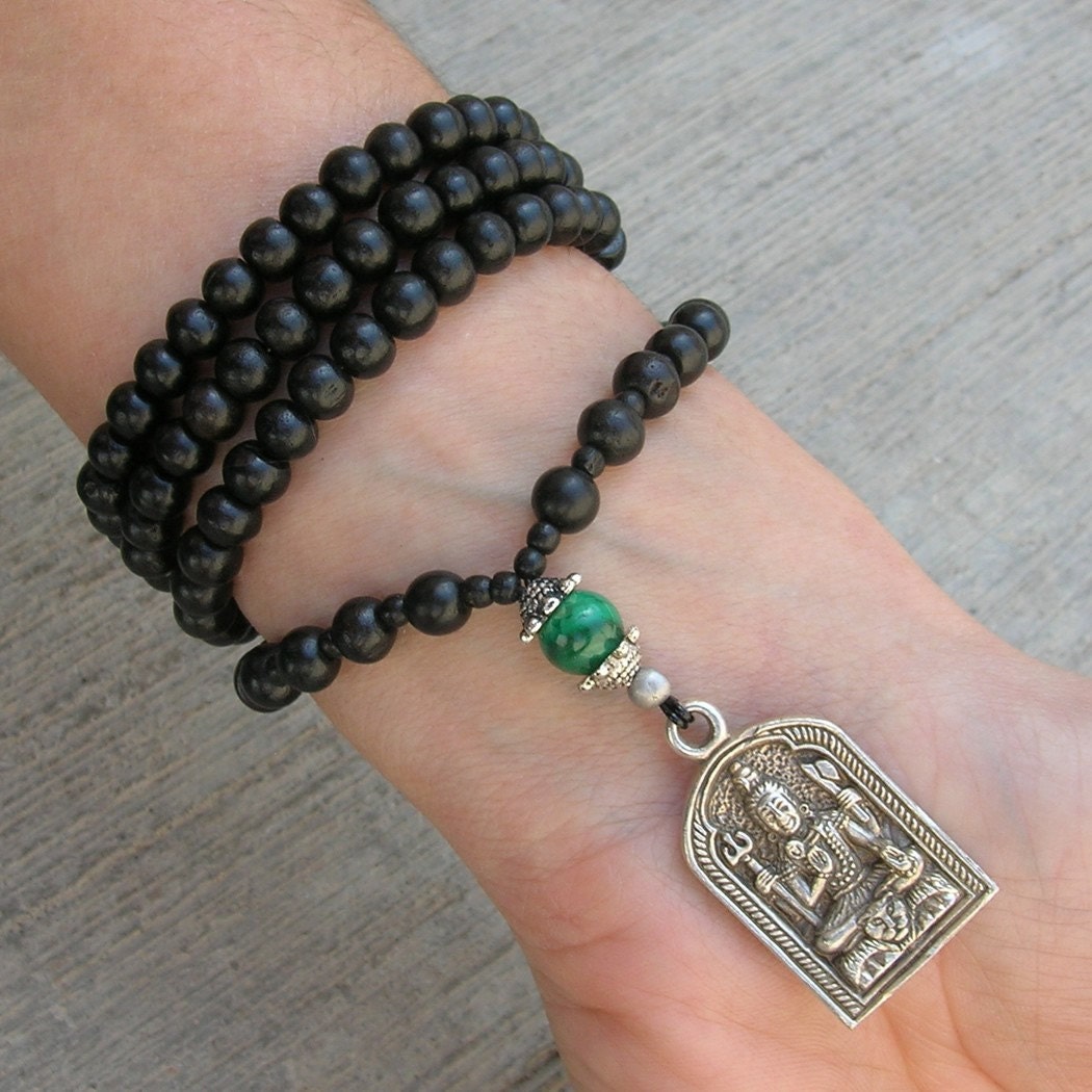 intuition - 108 mala ebony prayer beads, genuine Malachite gemstone, and Shiva pendant  wrap bracelet or necklace , convertible