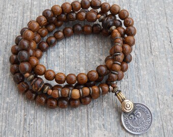 108 mala wood prayer beads, hand carved bone and vintage coin wrap bracelet or necklace, convertible