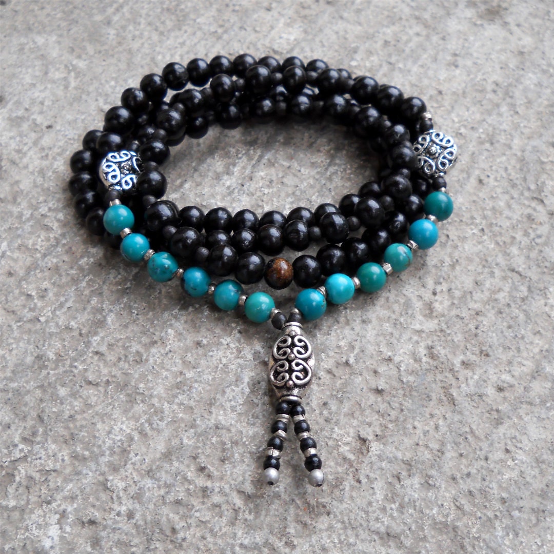 108 bead yoga mala necklace or bracelet, ebony prayer beads, genuine Turquoise gemstone, yoga jewelry, free shipping