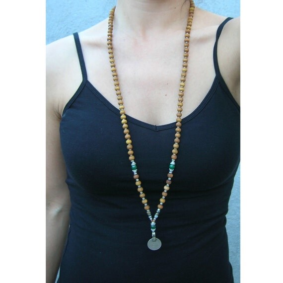 108 bead mala wrap bracelet , or necklace, sandalwood, malachite and Vintage coin