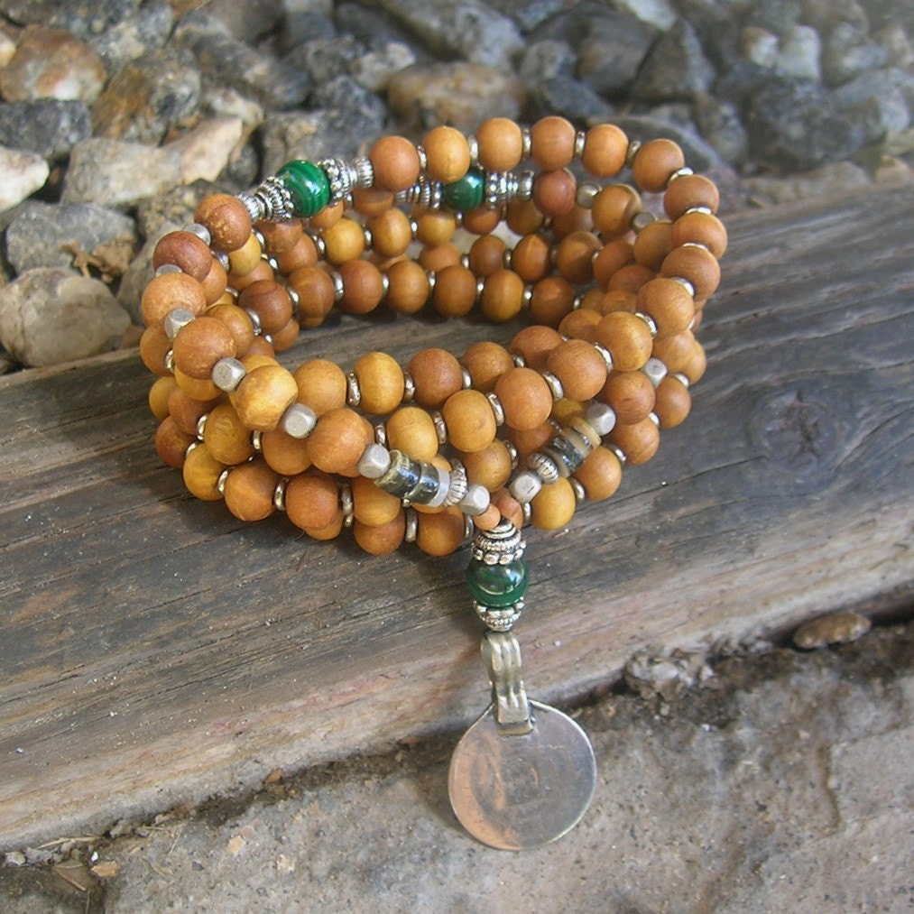108 bead mala wrap bracelet , or necklace, sandalwood, malachite and Vintage coin