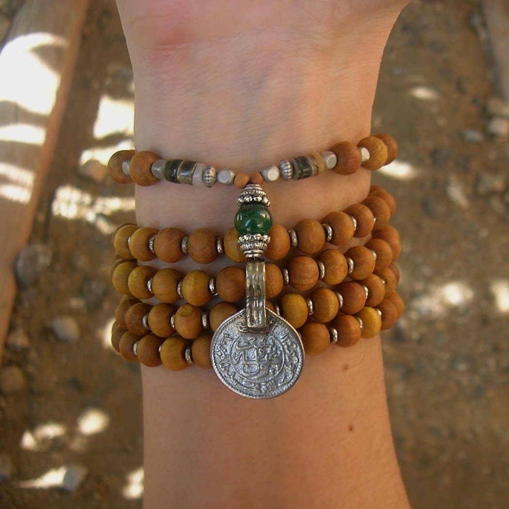 108 bead mala wrap bracelet , or necklace, sandalwood, malachite and Vintage coin