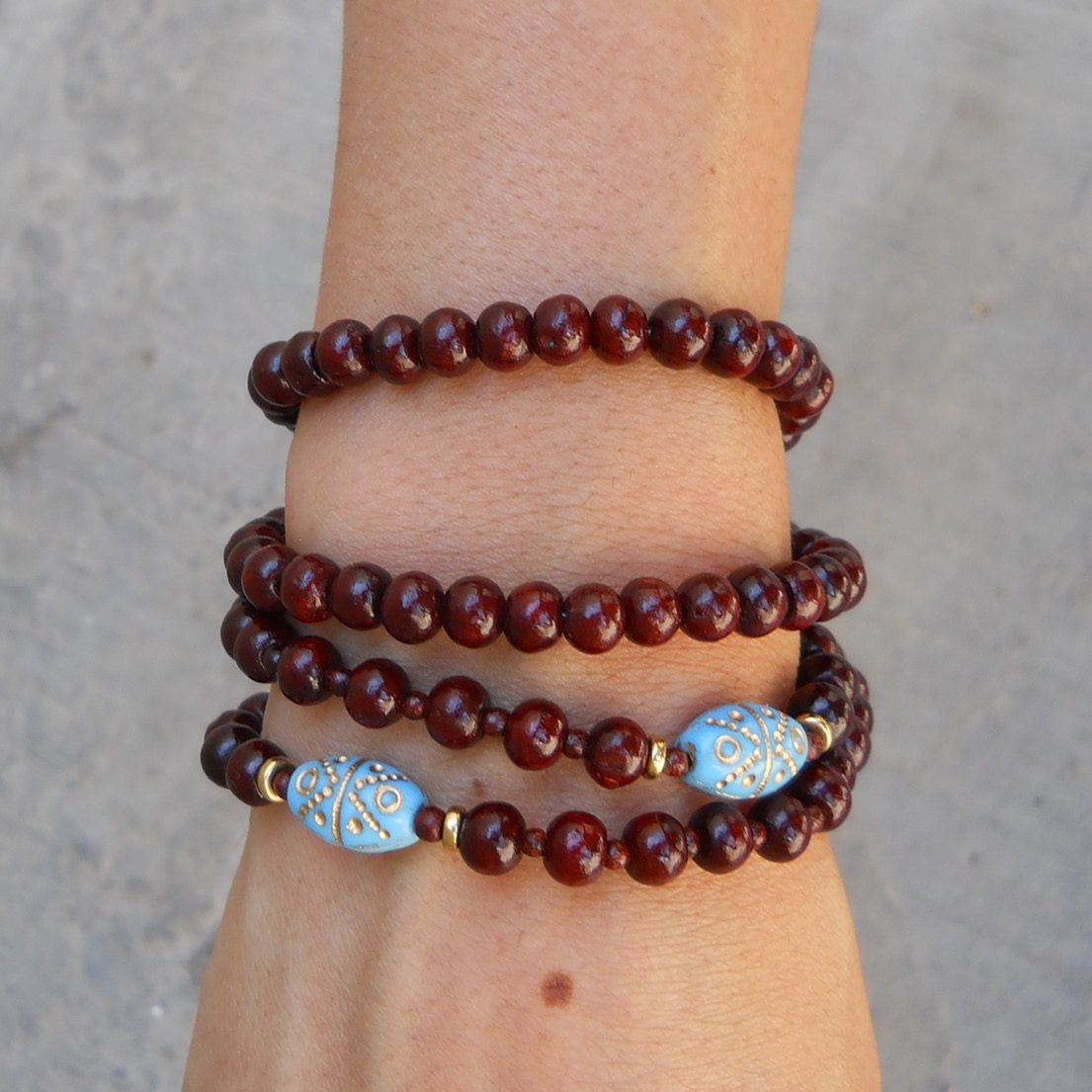 108 mala rosewood prayer beads and hand painted Middle Eastern bead wrap bracelet or necklace,  yoga jewelry