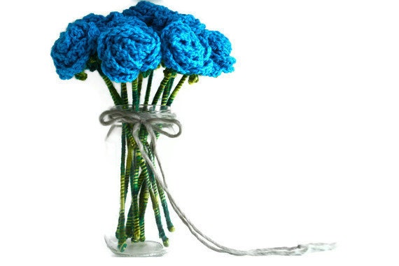 Items Similar To 12 Crochet Blue Roses Bouquet 1 Dozen Bright Blue Handmade Flowers Custom 8939