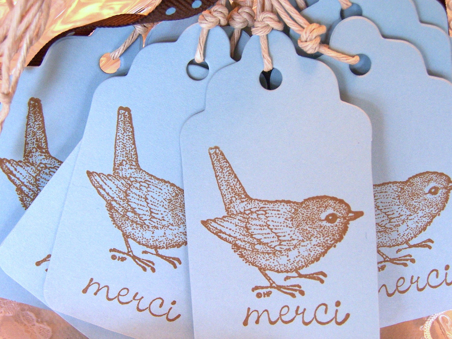 Thank You Gift Tags Bird Gift Tags Merci Gift Tags Blue Gift Tags: Brown Bird Merci Gift Tags on Blue Card StockSet of 10