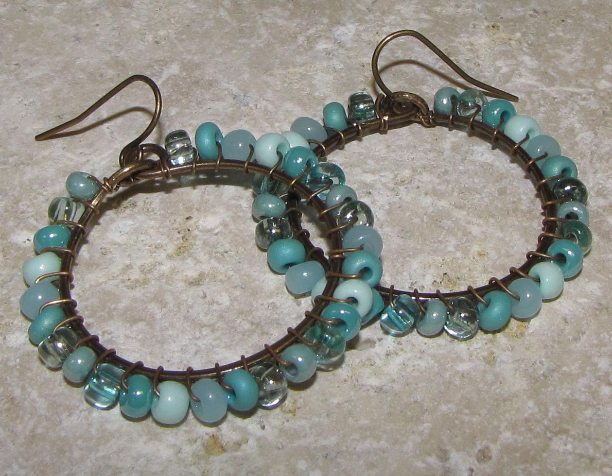 Aqua Wire Wrapped Brass Hoops