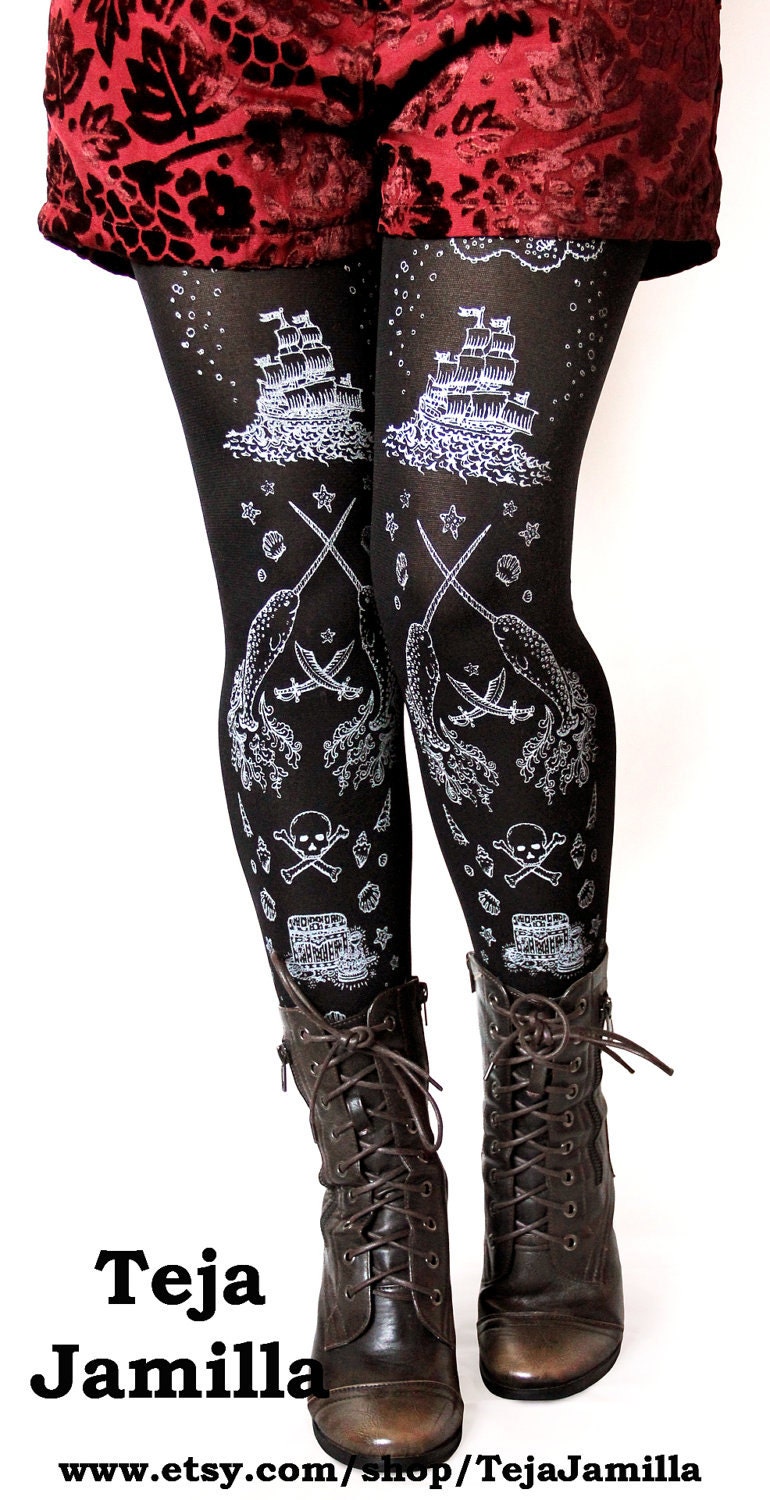 Pirate Printed Tattoo Tights Medium Tall Silver on Black Women Sailor Octopus Narwhal Squid