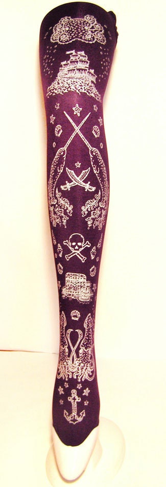 Pirate Printed Narwhal Tights Purple Small Medium Silver on Aubergine Womens Nautical Tattoos Octopus Squid Sailor