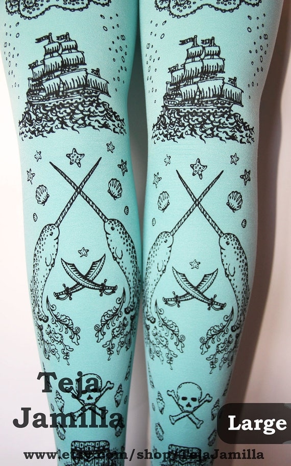 Pirate Printed Narwhal Tights Large Black Pearl on Duck Egg Blue Womens Nautical Tattoos Octopus Squid Sailor