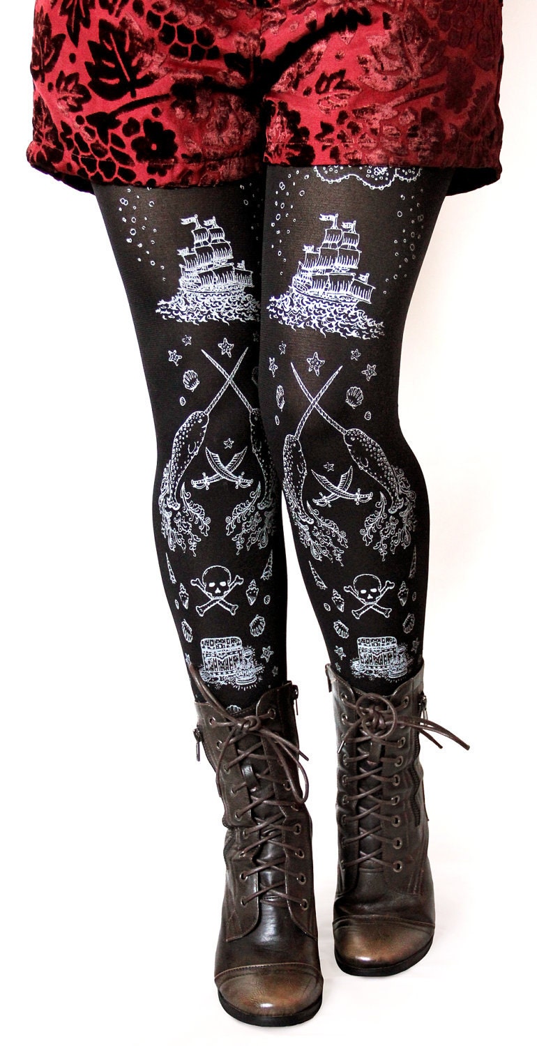 Pirate Printed Tights Small Medium Silver on Black Women Tattoo Sailor Nautical Squid Anchor