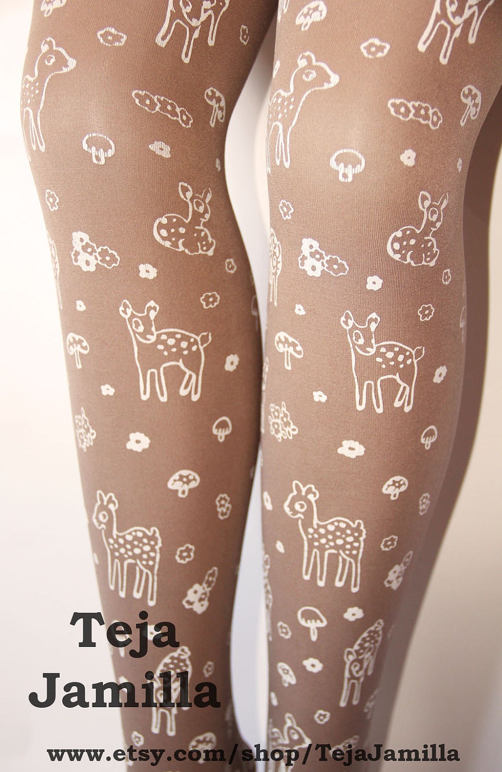 Deer Tights Small Medium Fawn & Mushroom Print White on Mocca Mocha Coffee Brown Women Mori Girl Toadstool Forest Cute Retro