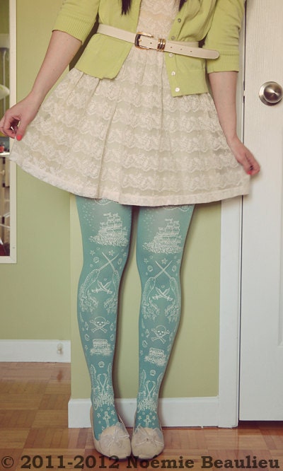Pirate Printed Narwhal Tights Small White Pearl on Duck Egg Blue Womens Nautical Tattoos Octopus Squid Sailor